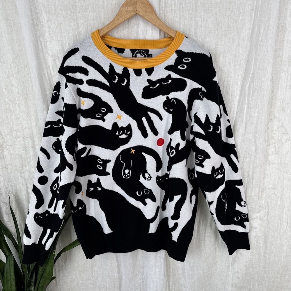 Cat Knit Sweater Large Whimsigoth Quirky Indie Alt Kitsch Cozy Kidcore Halloween